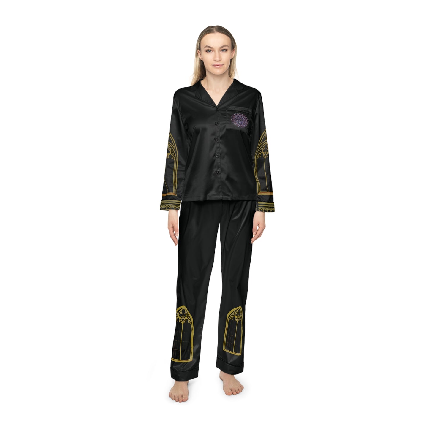 Satin Pajama Set - Noir Cathedral with Rose Window Pocket