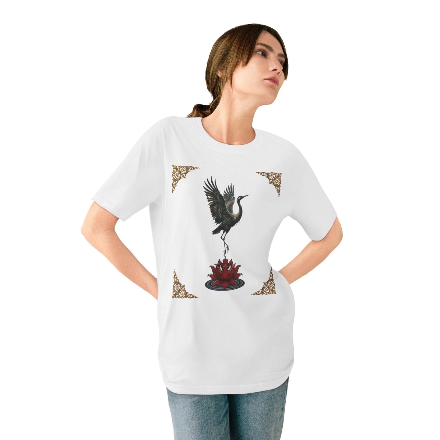 Crane & Lotus Organic T-Shirt — Minimal Zen Bird Graphic