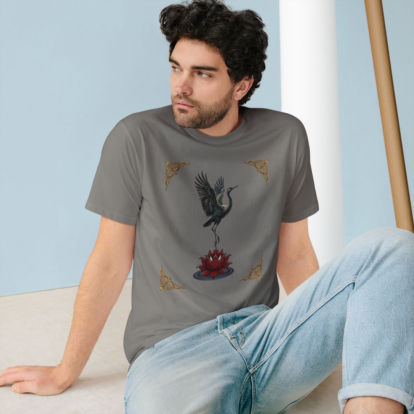 Crane & Lotus Organic T-Shirt — Minimal Zen Bird Graphic