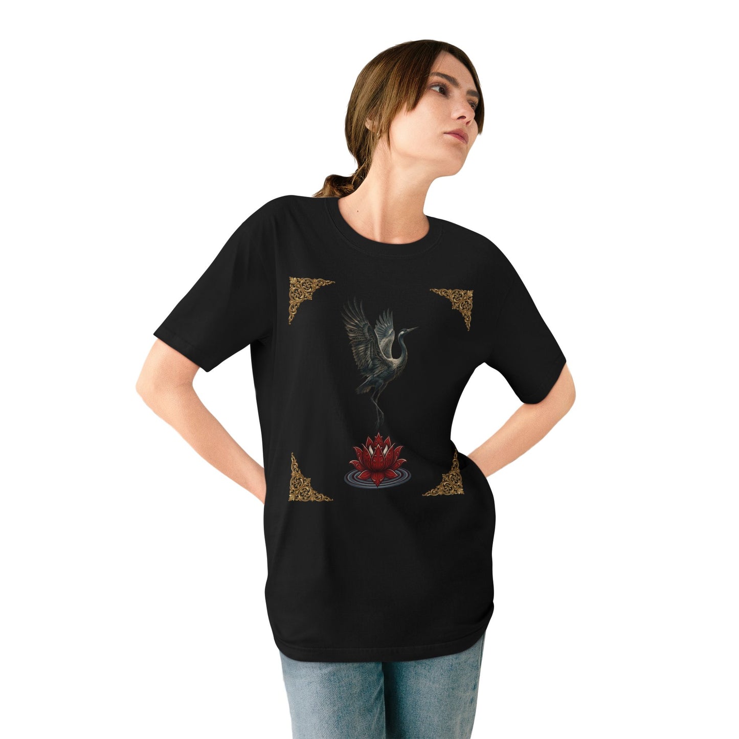 Crane & Lotus Organic T-Shirt — Minimal Zen Bird Graphic