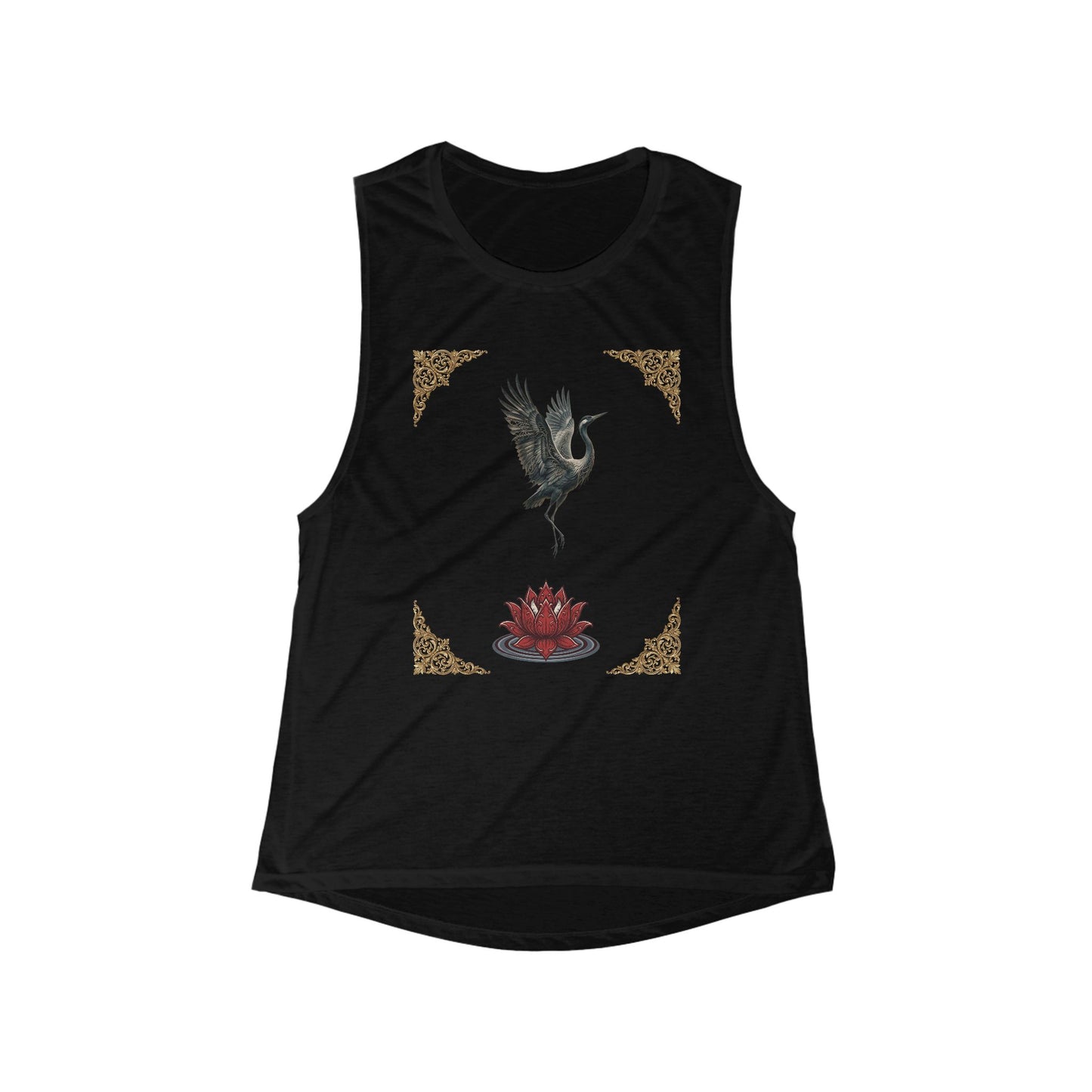 Zen Crane Lotus Tank Top — Women's Flowing Scoop Muscle Tank