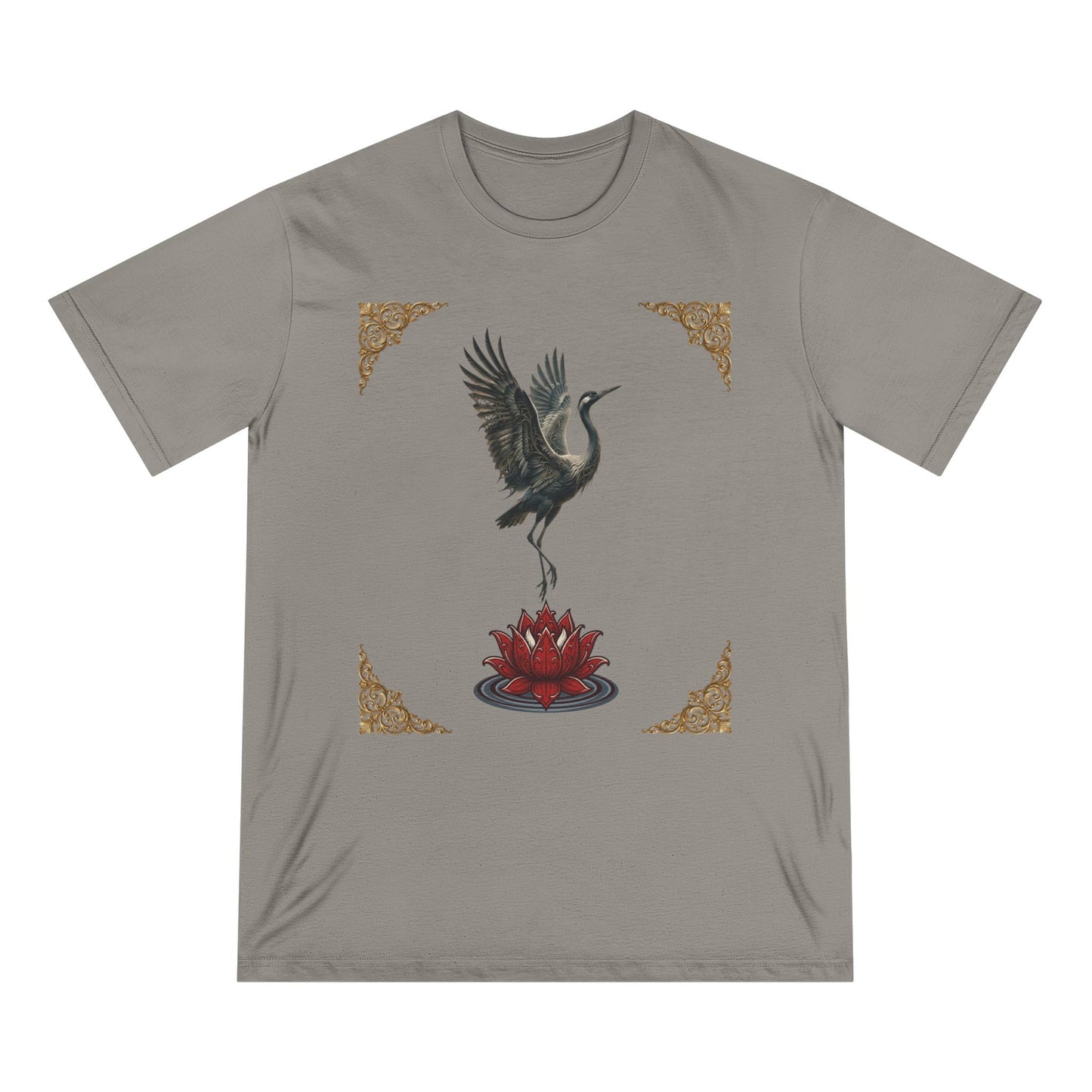 Crane & Lotus Organic T-Shirt — Minimal Zen Bird Graphic