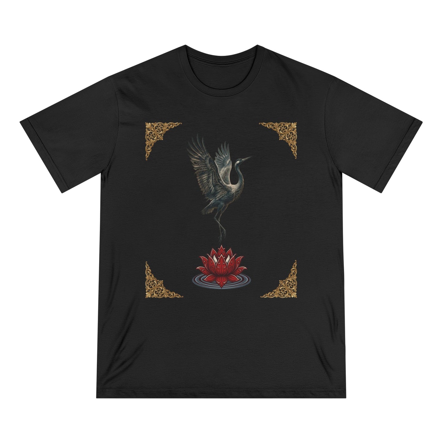 Crane & Lotus Organic T-Shirt — Minimal Zen Bird Graphic