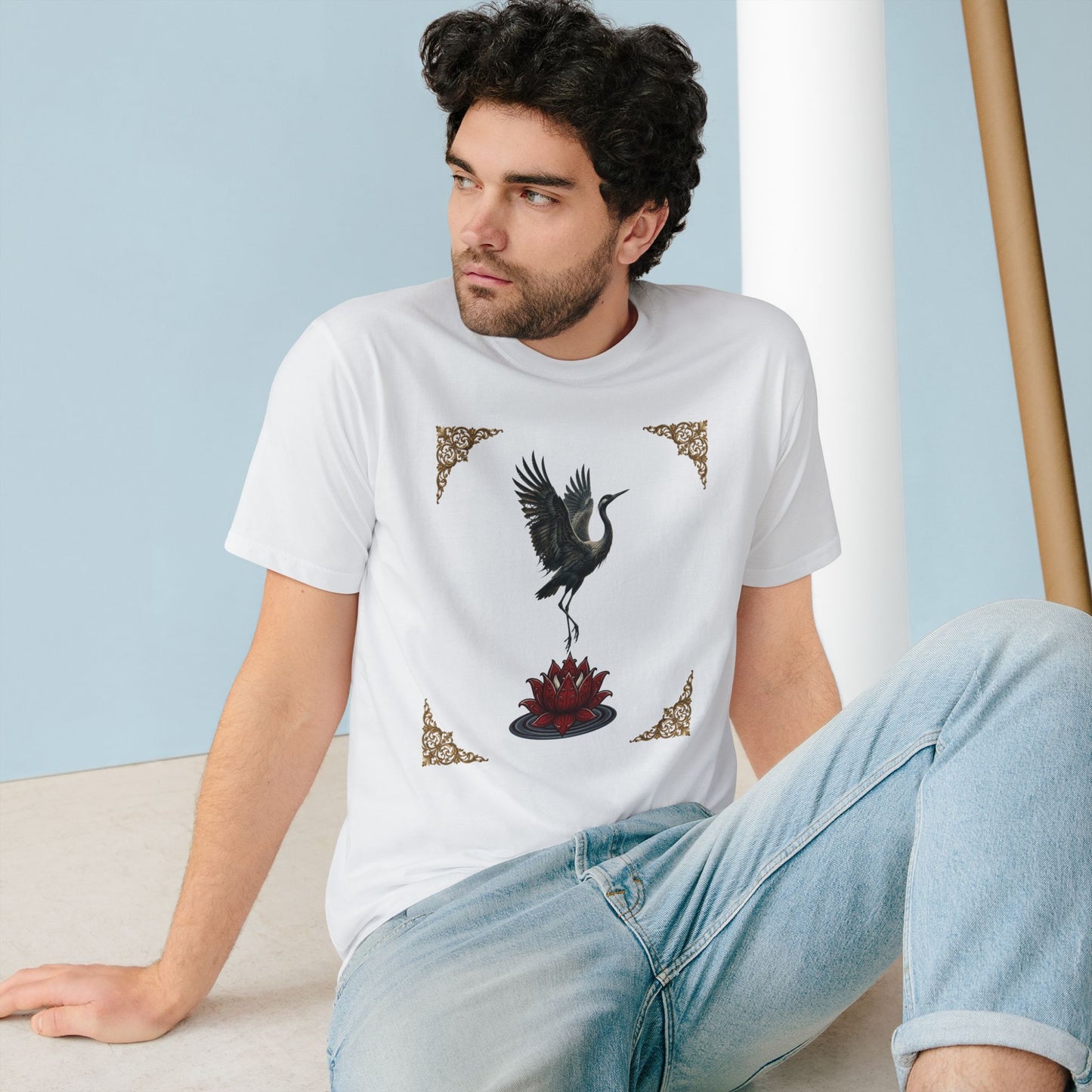 Crane & Lotus Organic T-Shirt — Minimal Zen Bird Graphic