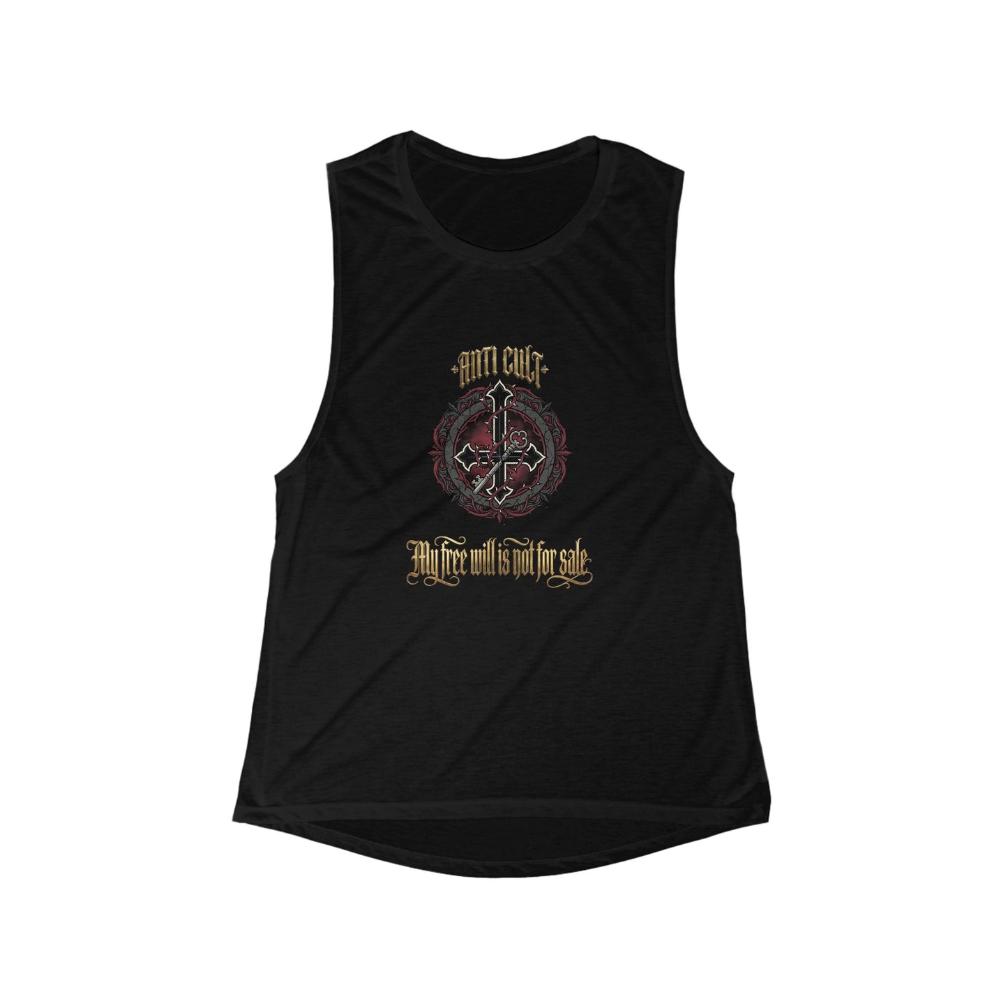 Women's Black Muscle Tank — 'My Soul Is Not For Sale' Gothic Cross Graphic