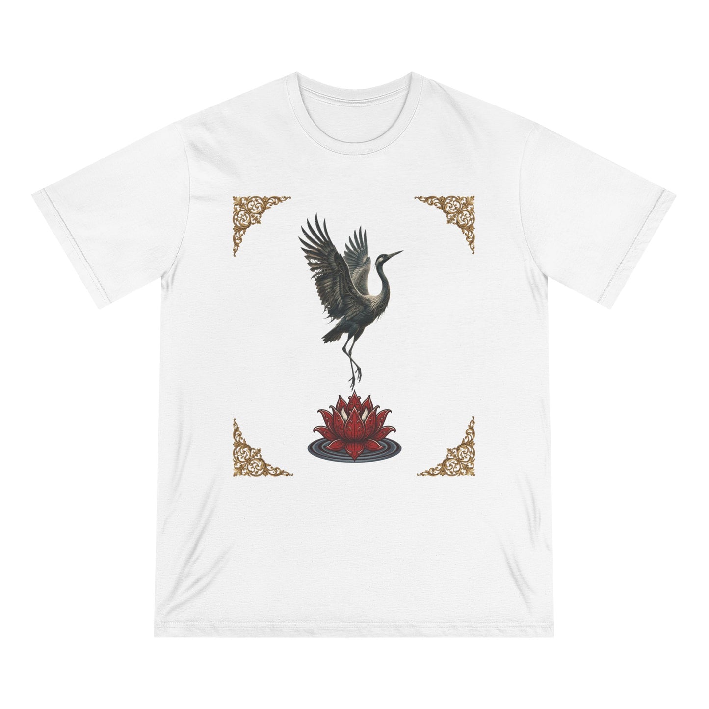 Crane & Lotus Organic T-Shirt — Minimal Zen Bird Graphic