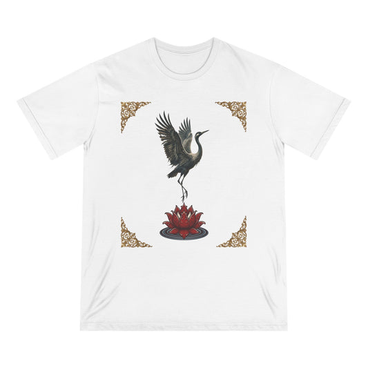 Crane & Lotus Organic T-Shirt — Minimal Zen Bird Graphic