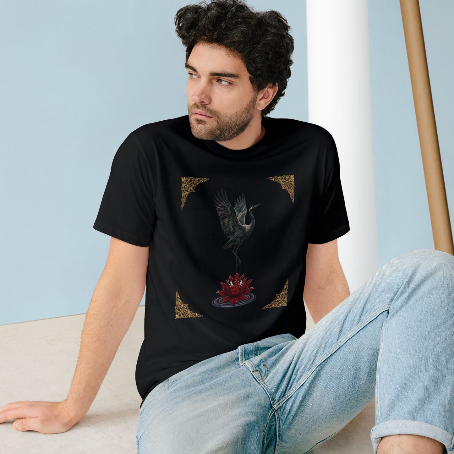 Crane & Lotus Organic T-Shirt — Minimal Zen Bird Graphic