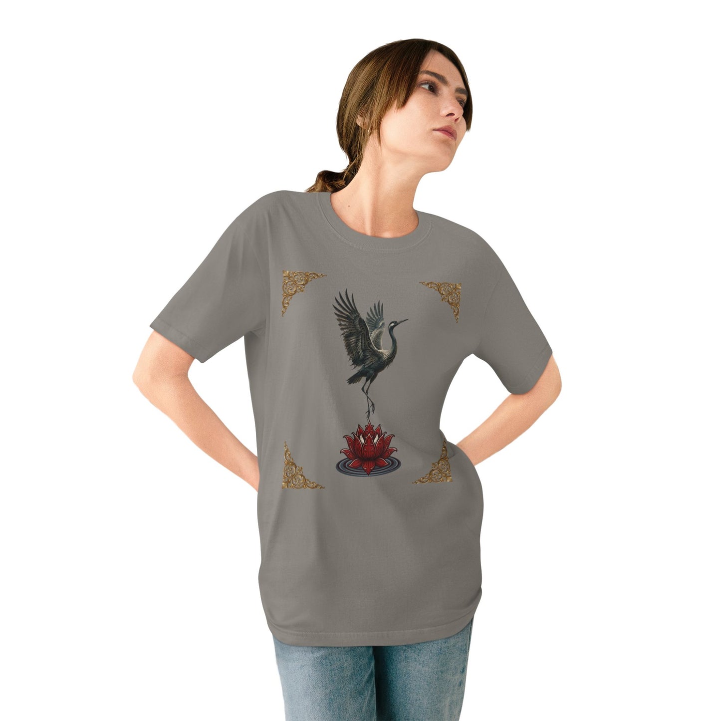 Crane & Lotus Organic T-Shirt — Minimal Zen Bird Graphic