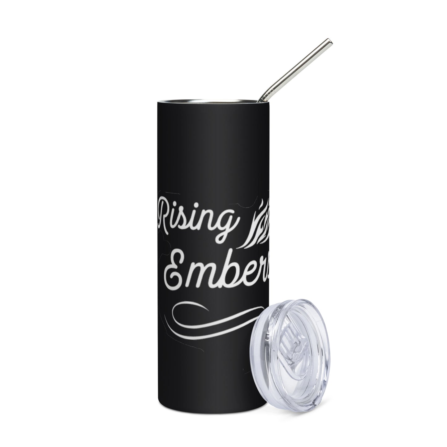 Stainless steel tumbler with Rising Embers logo.