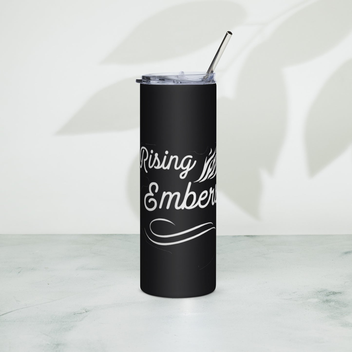 Stainless steel tumbler with Rising Embers logo.